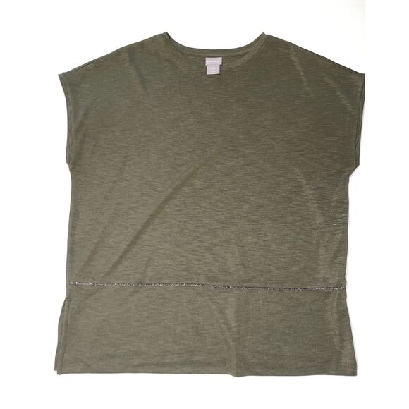 Chico's olive green‎ cap sleeve, pullover top, accented waist, size 2 A50 - Picture 1 of 5